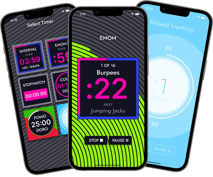 Three Top Timer app screens: the timer selection menu, an EMOM timer counting down 22 seconds of burpees, and the relaxed breathing timer